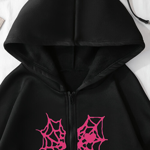 Oversized Zip-Up Hoodie Gothic Spider Web Heart Graphic 2
