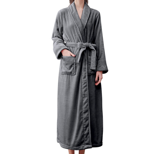 Women's Terry Cloth Flannel Bathrobe Grey Double Pockets 2