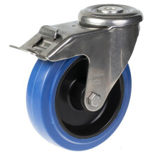 125mm stainless steel swivel/brake castor with blue elastic rubber on nylon cent