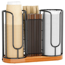 Wooden Base Coffee Cup Organizer, Countertop Disposable Cup Lid Straw Dispenser Holder for Home Bar Workspace