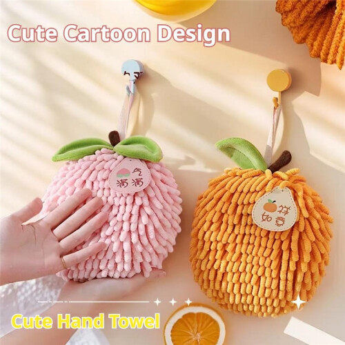 (Pink) Cute Chenille Hand Towel Ball With Hanging Loop, Soft Microfiber Washcloth, Kitchen Decor 1