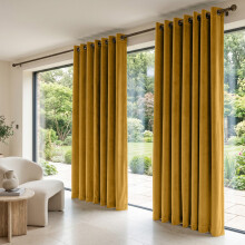 (90 x 90 (229cm x 229cm), Yellow Ochre) Moonlight Crushed Velvet Curtains for Bedroom & Living Room Eyelet Ringtop Ready Made Drapes