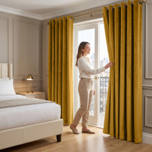 (66 x 90 (168cm x 229cm), Yellow Ochre) Moonlight Crushed Velvet Curtains for Bedroom & Living Room Eyelet Ringtop Ready Made Drapes
