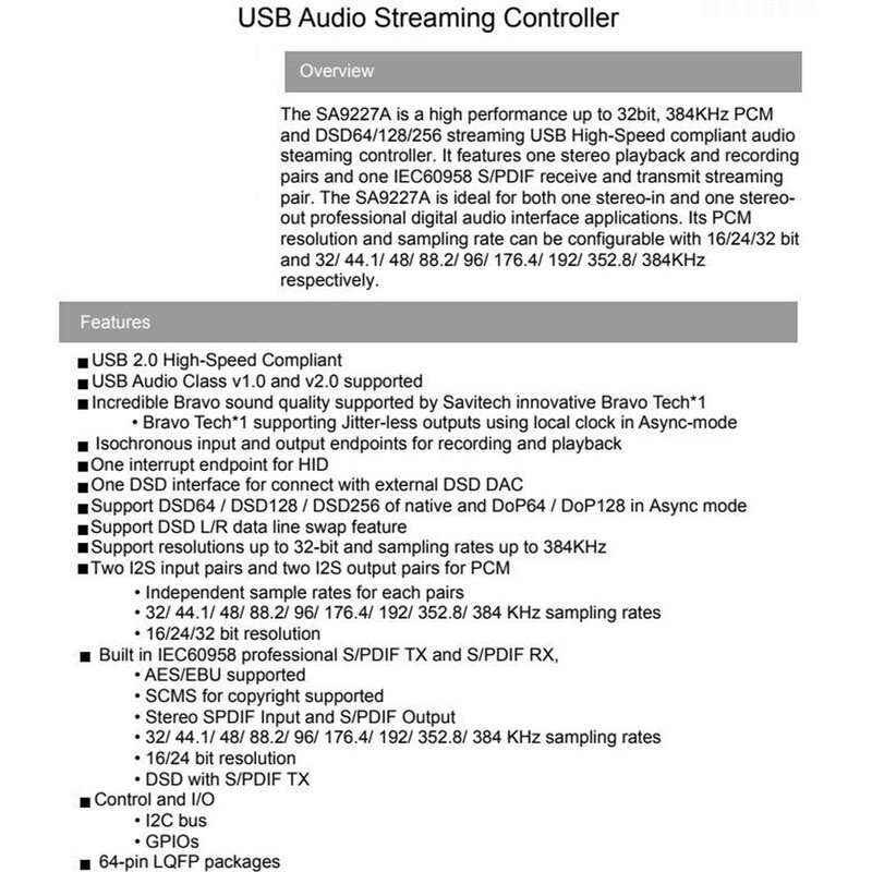 Nintendo Av Output SA9227 USB to SPDIF Optical I2S 32BIT 384K DSD256 Audio Streaming ...