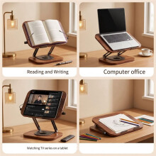 Supporto per Libri Pesante con Fermapagine Espandibili, Base Rotante Regolabile A 360, Ergonomico, con Vassoio Portaposate In Noce Nero
