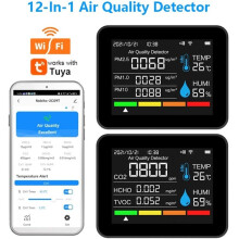 Moniteur de Qualité de L'Air WiFi 12 en 1 : Mesure des Poussières, des Polluants Atmosphériques (PM2.5), Thermomètre, Humidité et CO2
