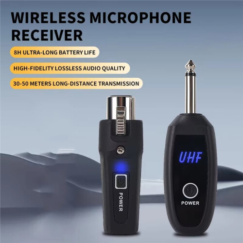 UHF Wireless Microphone Transmitter Receiver System, Plug and  XLR Wireless Audio Adapter for Mic Mixer Stage Use