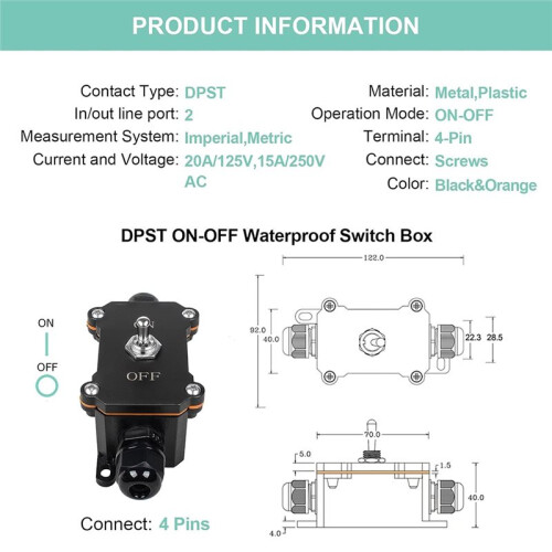 Inline Cord  -Off Toggle  Waterproof AC 15A 250V, -Off 4 Screw Pin , Two-Side Entry & Exit 2