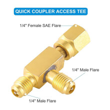 Quick Coupler Access Tee, 1/4'' Valves Core Quick Coupler Tee Adapter with Swivel Connector for Gauge Deep Vacuum Pump