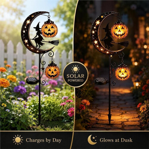 Lanterna Solar de Halloween para Jardim com Estaca de Abóbora e Luz Solar em Forma de Lua Crescente para Gramado, Pátio e Caminho 1