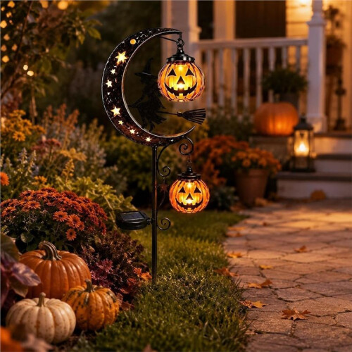 Lanterna Solar de Halloween para Jardim com Estaca de Abóbora e Luz Solar em Forma de Lua Crescente para Gramado, Pátio e Caminho 2