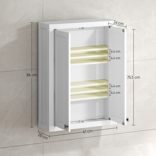 (White, Engineered Wood) Bathroom Wall Cabinet with Adjustable Shelves - White 2