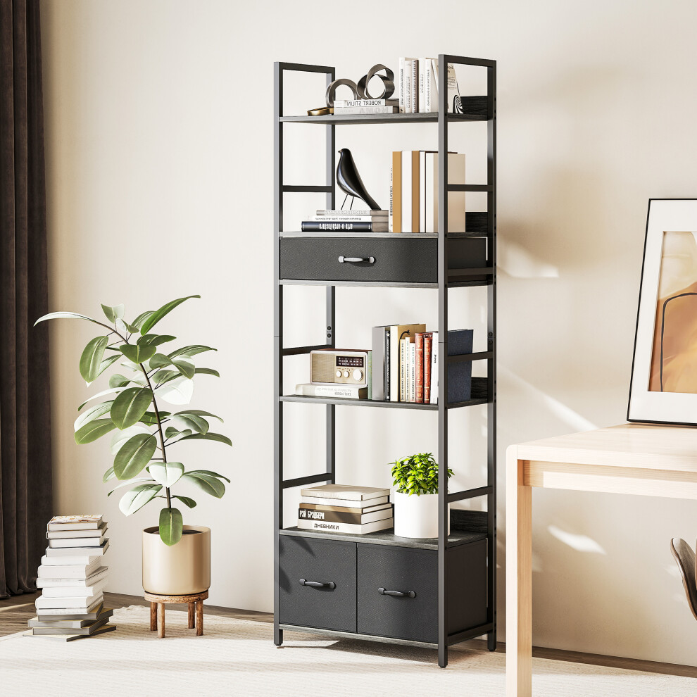 Homcom Industrial Bookshelf With 4 Shelves And 3 Fabric Drawers Grey
