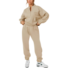 Ensemble de survêtement femme sweat demi-zip et jogging coton polaire sport chic confortable avec poche kangourou beige