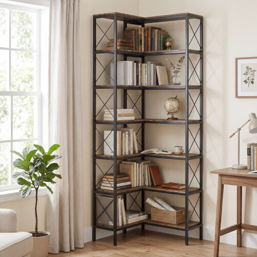 Homcom HOMCOM L-Shaped Bookshelf, 6-Tier Bookcase with Metal Frame, Rustic Brown 1