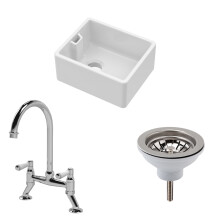 Traditional Fireclay Kitchen Bundle: Single Bowl Belfast Sink and Strainer Waste & Bridge Kitchen Mixer Tap, 460mm - Chrome