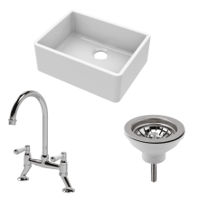 Traditional Fireclay Kitchen Bundle: Single Bowl Butler Sink with Strainer Waste & Bridge Mixer Tap, 595mm - Chrome