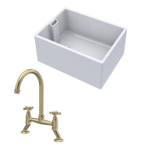 Traditional Fireclay Kitchen Bundle: 1 Bowl Belfast Sink & Bridge Crosshead Mixer Tap, 615mm - Brushed Brass