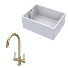 Traditional Fireclay Kitchen Bundle: 1 Bowl Belfast Sink & Mono Lever Handle Tap, 615mm - Brushed Brass