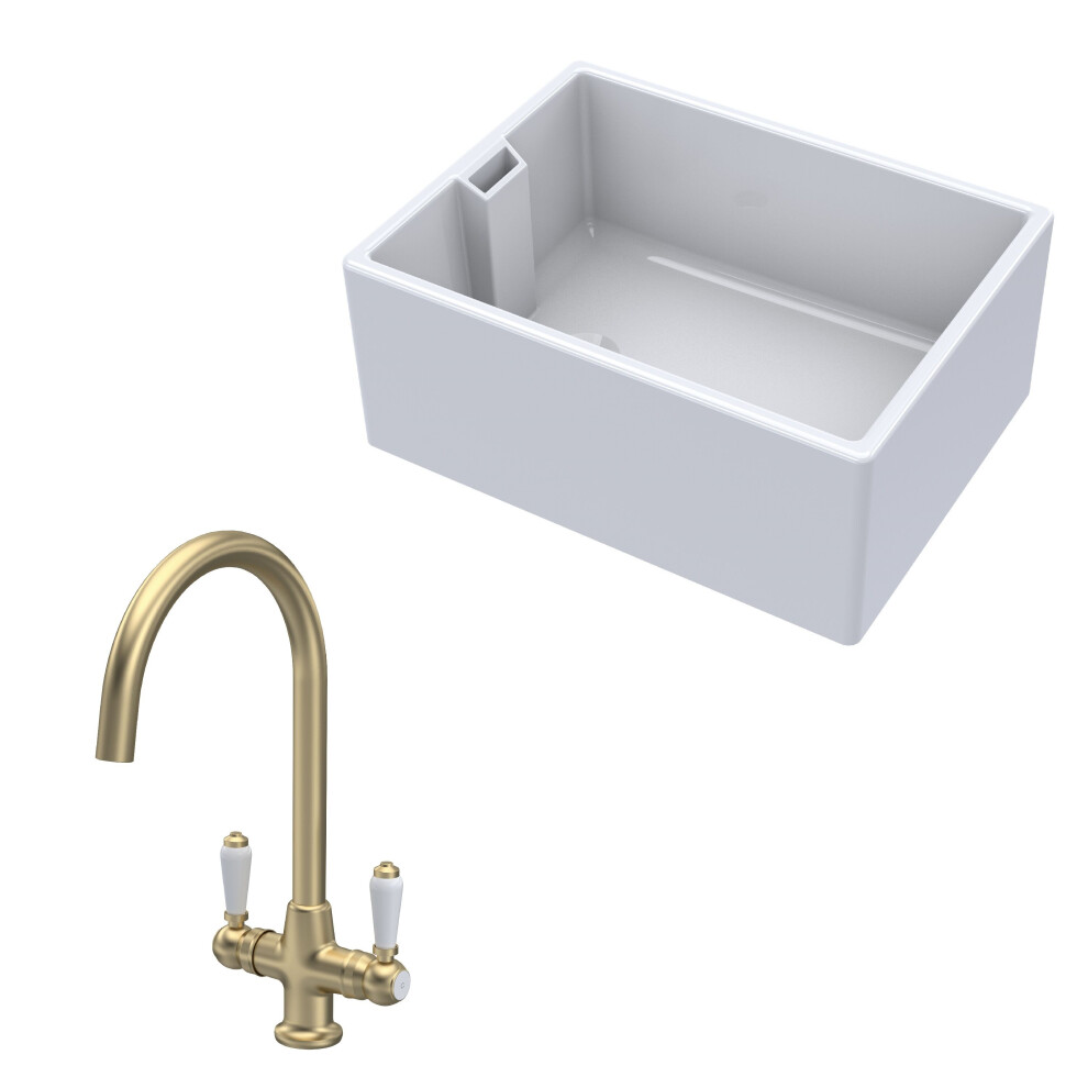 Balterley Traditional Fireclay Kitchen Bundle: 1 Bowl Belfast Sink & Mono Lever Handle Tap, 615Mm - Brushed Brass