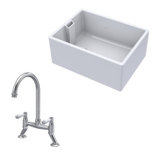Traditional Fireclay Kitchen Bundle: 1 Bowl Belfast Sink & Bridge Lever Mixer Tap, 615mm - Brushed Nickel