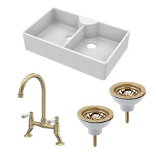 Traditional Fireclay Kitchen Bundle: 2 Bowl Butler Sink, 2 x Wastes & Bridge Lever Tap, 895mm - Brushed Brass