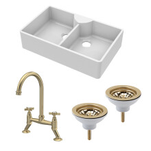 Traditional Fireclay Kitchen Bundle: Double Bowl Butler Sink with Wastes & Bridge Crosshead Tap, 895mm - Brushed Brass