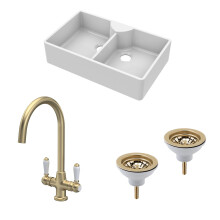 Traditional Fireclay Kitchen Sink Bundle: Double Bowl Butler with 2 Wastes & Mono Lever Tap, 895mm - Brushed Brass