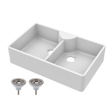 Traditional 2 Bowl Fireclay Butler Kitchen Sink - Stepped Weir, Tap Ledge & Wastes - 795mm