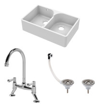 Traditional Fireclay Kitchen Bundle: Double Bowl Stepped Weir Butler Sink with Wastes & Bridge Lever Tap, 795mm - Chrome