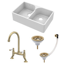 Traditional Fireclay Kitchen Sink Bundle: 2 Bowl Butler Sink with Stepped Weir, Wastes & Bridge Lever Tap, 795mm - Brushed Brass