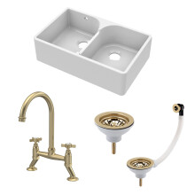 Traditional Fireclay Kitchen Sink Bundle: Double Bowl Butler Sink with Stepped Weir, Wastes & Crosshead Tap, 795mm - Brushed Brass