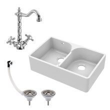 Traditional Fireclay Kitchen Sink Bundle: Double Bowl Butler with Stepped Weir, Classic Tap & Wastes - 795mm