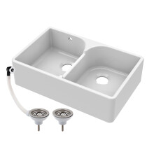 Traditional 795mm Double Bowl Fireclay Butler Kitchen Sink - Stepped Weir & Wastes