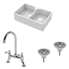 Traditional Fireclay Kitchen Bundle: Double Bowl Stepped Weir Butler Sink, Wastes & Bridge Lever Tap, 795mm - Chrome