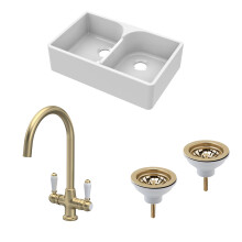Traditional Fireclay Kitchen Bundle: 2 Bowl Stepped Weir Butler Sink, Wastes & Mono Lever Tap, 795mm - Brushed Brass