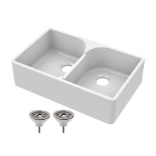 Traditional 2 Bowl Fireclay Butler Kitchen Sink - Stepped Weir & Wastes - 795mm