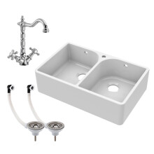 Traditional Fireclay Double Bowl Butler Kitchen Sink with Tap Hole, Weir & Waste - 795mm