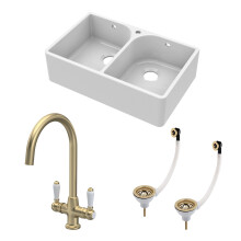 Traditional Fireclay Kitchen Bundle: 2 Bowl Full Weir 1 Tap Hole Butler Sink with Wastes & Lever Tap, 795mm - Brushed Brass