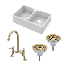 Fireclay Kitchen Bundle - 2 Bowl Full Weir Butler Sink No Overflow with Wastes & Tap - 795mm - Brushed Brass
