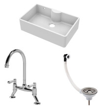 Traditional Fireclay Kitchen Bundle: 1 Bowl Butler Sink with Overflow & Ledge, Waste & Bridge Mixer Tap, 795mm - Chrome
