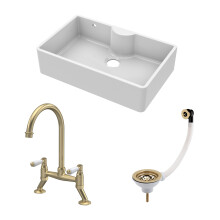 Traditional Fireclay Kitchen Bundle: 1 Bowl Butler Sink with Overflow & Ledge, Waste & Lever Tap, 795mm - Brushed Brass