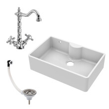 Fireclay 795mm 1 Bowl Butler Kitchen Sink - Ledge with French Classic Tap & Waste - Ceramic Kitchen Sink & Tap