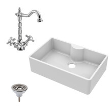 Fireclay 795mm 1 Bowl Butler Kitchen Sink - Tap Ledge with Classic Tap & Waste - Ceramic Kitchen Sink & Tap