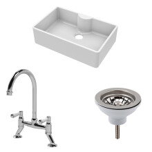 Fireclay Kitchen Bundle - 1 Bowl Butler Sink with Tap Ledge, Waste & Bridge Mixer Tap - 795mm - Chrome