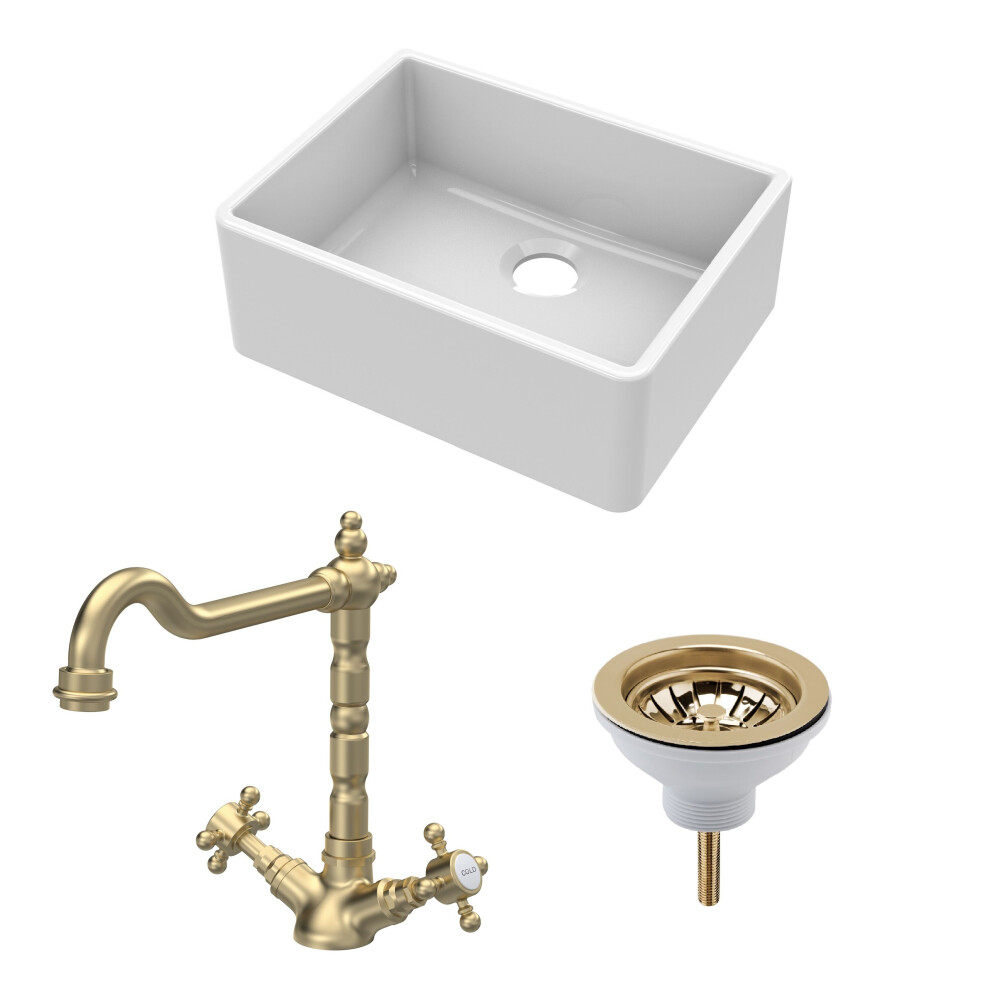 Photos - Kitchen Sink Fireclay Kitchen Bundle: Single Bowl Butler Sink, Strainer Waste & French Classic Mono Tap, 595mm - Brushed Brass White BSK2