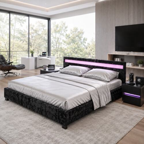 LUXURY Black 4ft Small Double LED CRUSHED VELVET LED Bed Frame