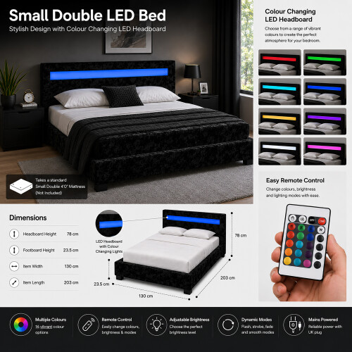LUXURY Black 4ft Small Double LED CRUSHED VELVET LED Bed Frame 1