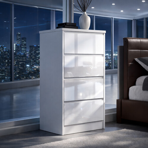 High Gloss 4 drawer White chest Unit Modern Handleless Design