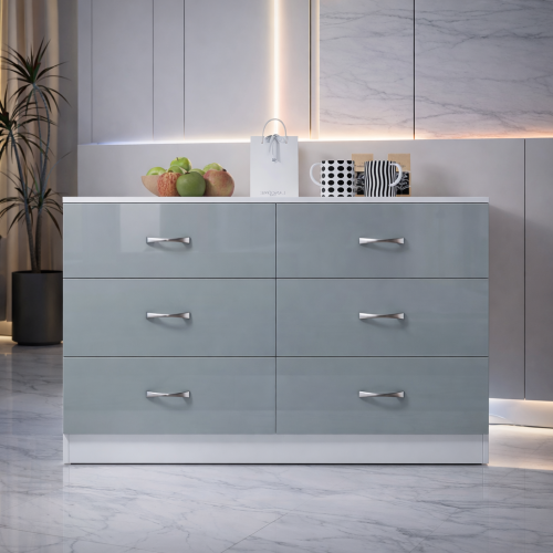 Harmin Grey High Gloss 6 Drawer Storage Cabinet with Matt White Frame 2